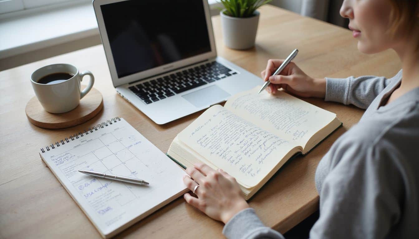 A focused woman works at a tidy desk with a laptop, notebook, planner, and coffee cup. A focused woman works at a tidy desk with a laptop, notebook, planner, and coffee cup.