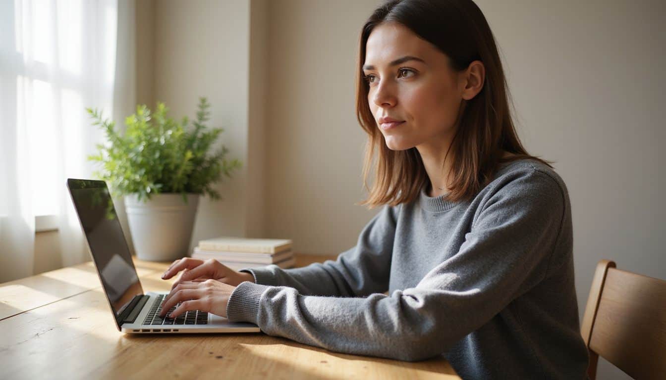 A focused woman in a cozy home office manages social media and marketing tasks on her laptop. A focused woman in a cozy home office manages social media and marketing tasks on her laptop.