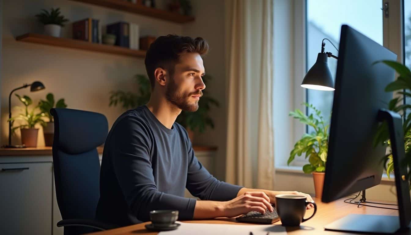 A focused man in a navy shirt works at a wooden desk surrounded by books and plants in his home office. A focused man in a navy shirt works at a wooden desk surrounded by books and plants in his home office.
