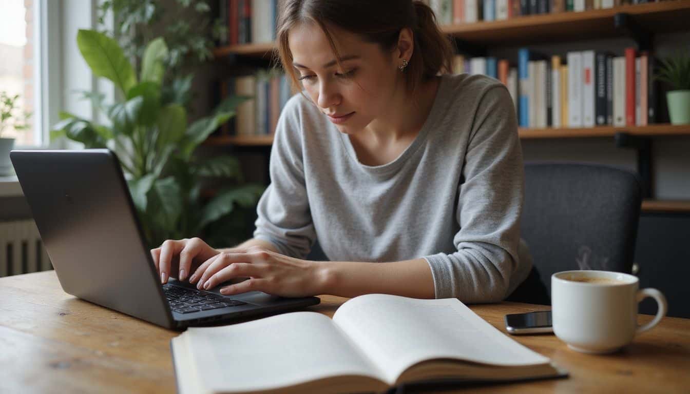 A young woman works intently at her wooden desk, surrounded by notebooks, a laptop, and a coffee cup. A young woman works intently at her wooden desk, surrounded by notebooks, a laptop, and a coffee cup.