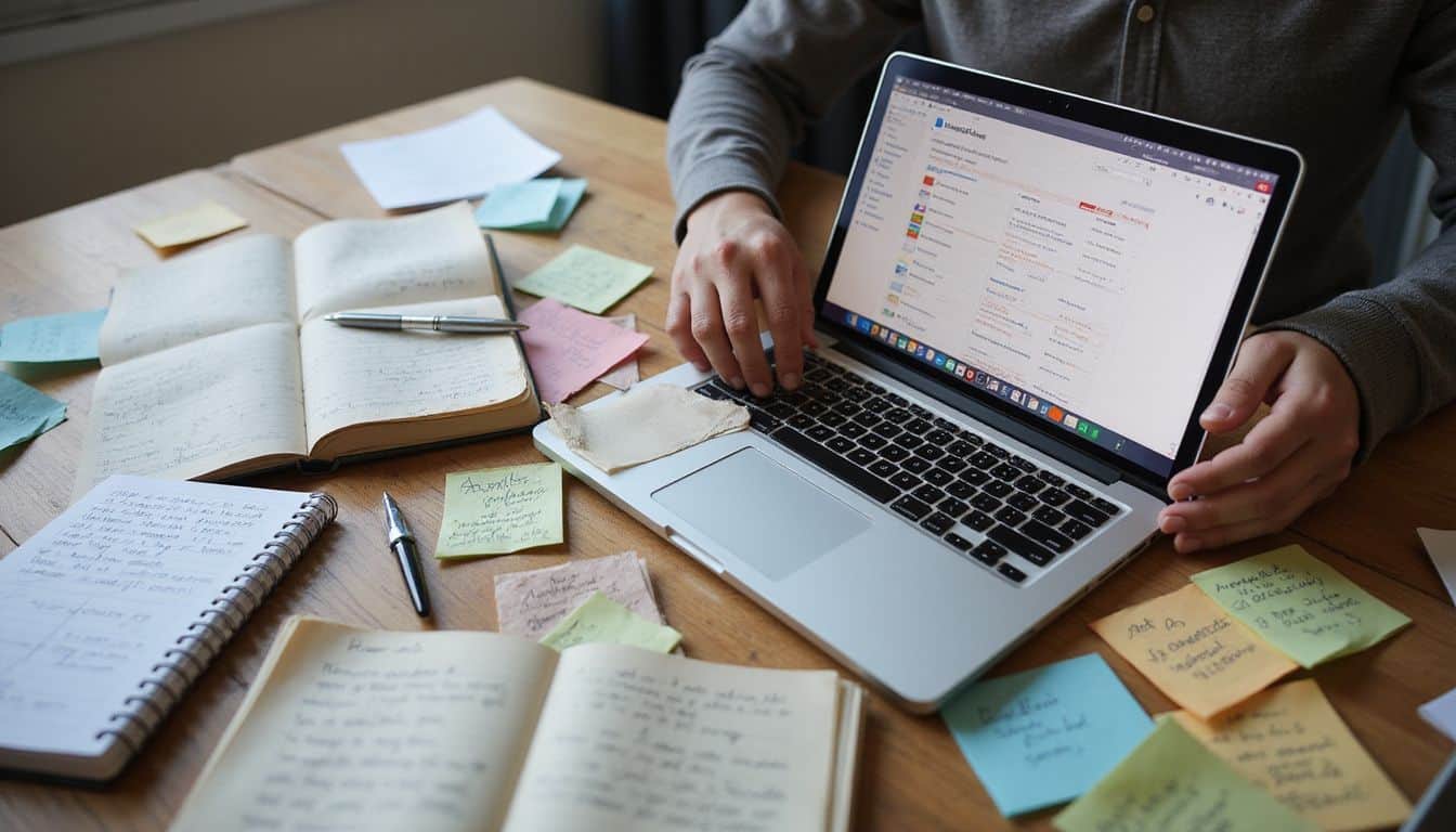 A casual office desk with notebooks, sticky notes, and a laptop reflects a focused, everyday professional atmosphere. A casual office desk with notebooks, sticky notes, and a laptop reflects a focused, everyday professional atmosphere.