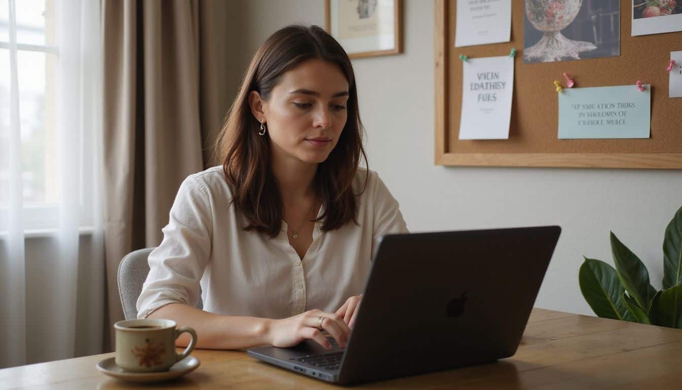 A woman focuses intently on her laptop at a cozy home office desk, surrounded by personal inspiration and warmth. A woman focuses intently on her laptop at a cozy home office desk, surrounded by personal inspiration and warmth.