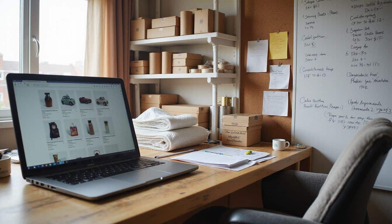 A cluttered home office with a laptop displaying a Shopify dashboard and packaging supplies, reflecting a budding dropshipping business. A cluttered home office with a laptop displaying a Shopify dashboard and packaging supplies, reflecting a budding dropshipping business.