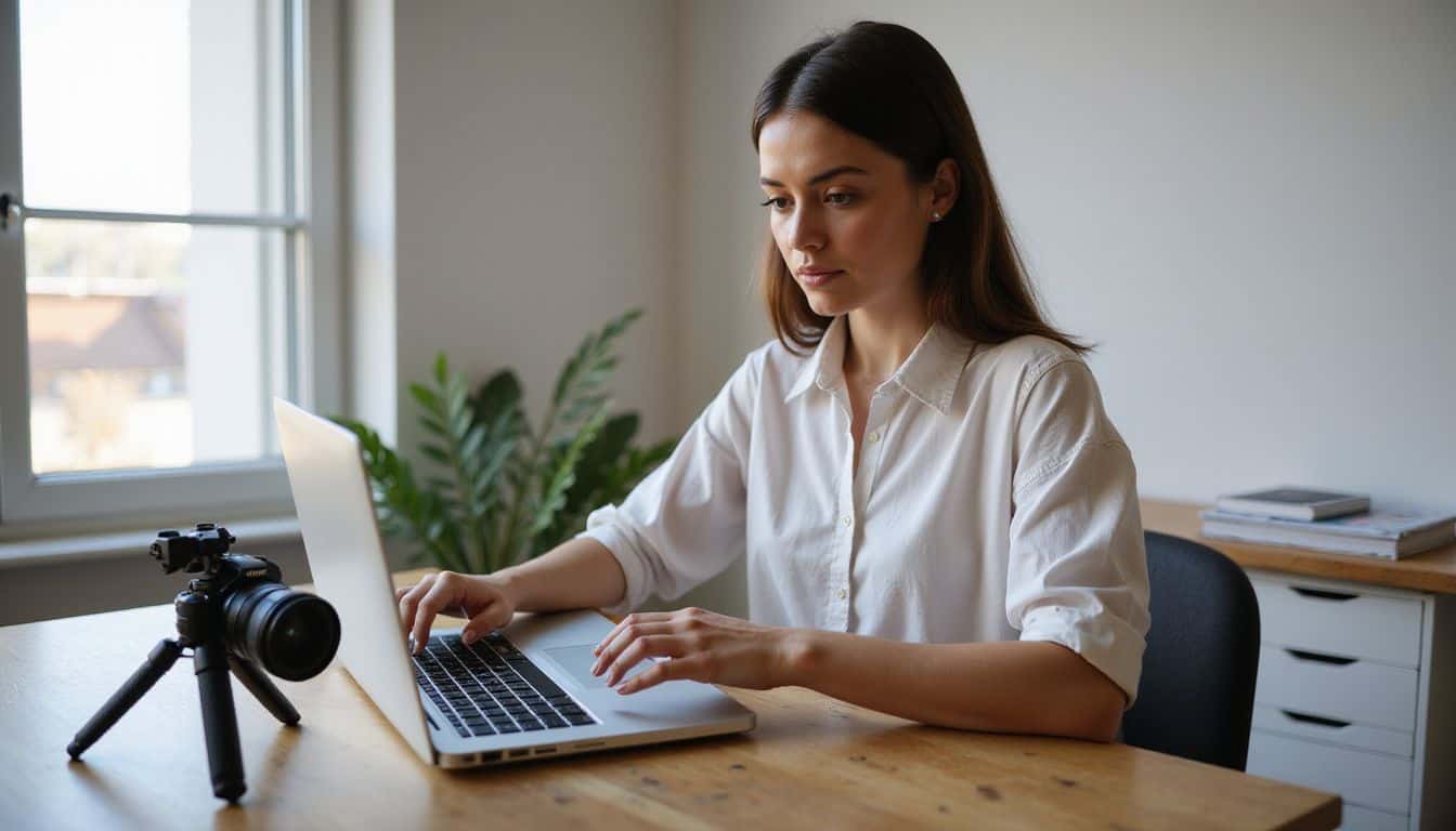 A focused woman works on code at a sleek desk, surrounded by tech books and a professional camera. A focused woman works on code at a sleek desk, surrounded by tech books and a professional camera.