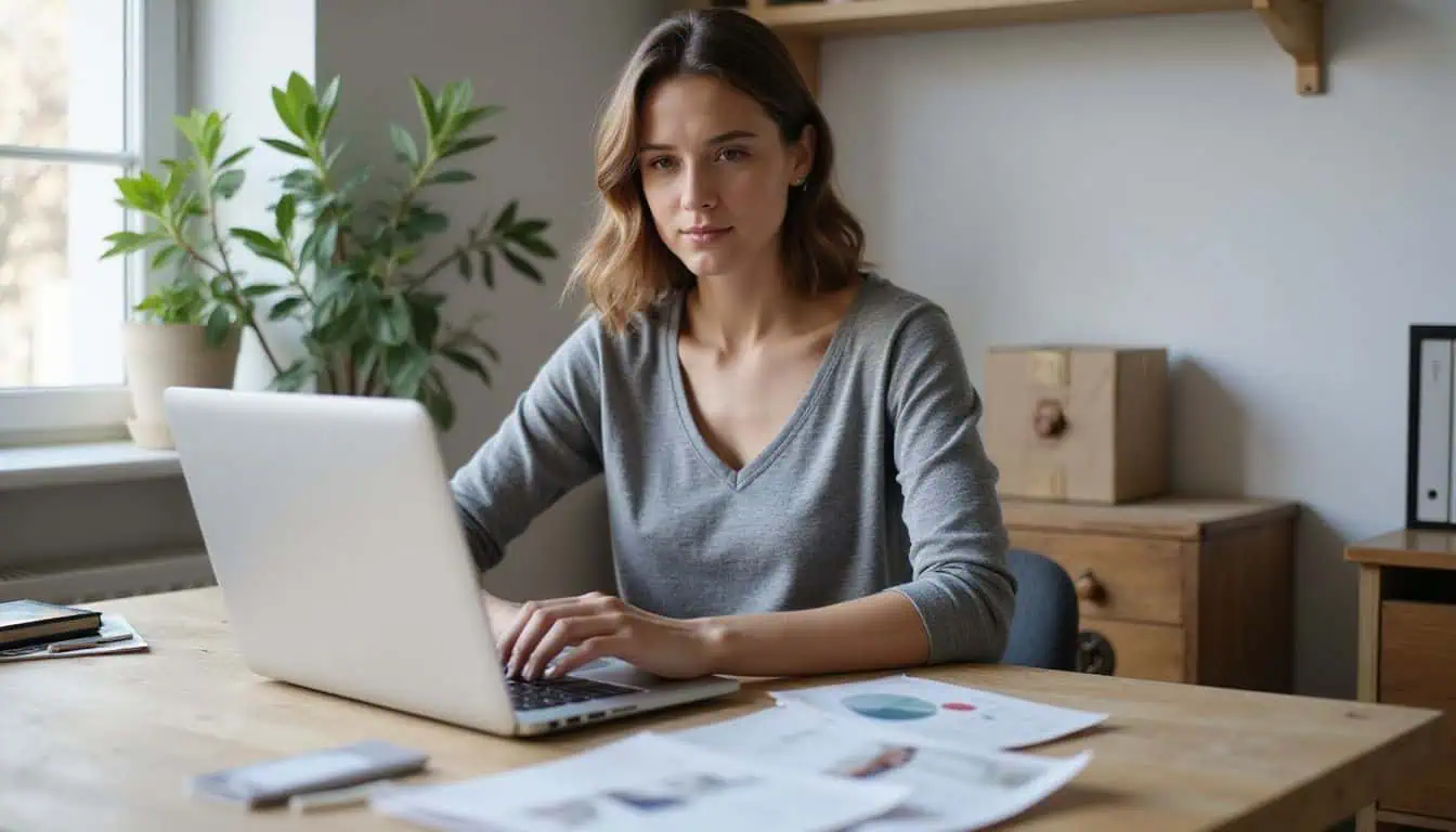 A focused woman works at a tidy home office desk with a laptop and organized materials for her online business. A focused woman works at a tidy home office desk with a laptop and organized materials for her online business.