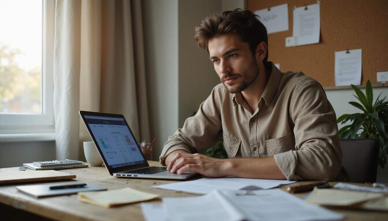 A young entrepreneur focuses on their laptop amidst a cluttered home office filled with papers and a houseplant. A young entrepreneur focuses on their laptop amidst a cluttered home office filled with papers and a houseplant.