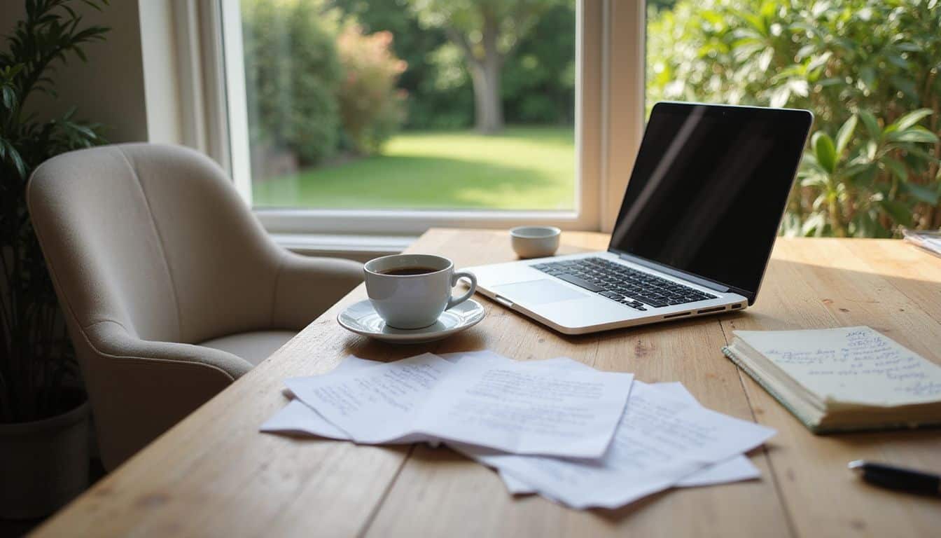 A person works diligently at a polished oak desk, surrounded by notes, a coffee cup, and a view of a garden. A person works diligently at a polished oak desk, surrounded by notes, a coffee cup, and a view of a garden.