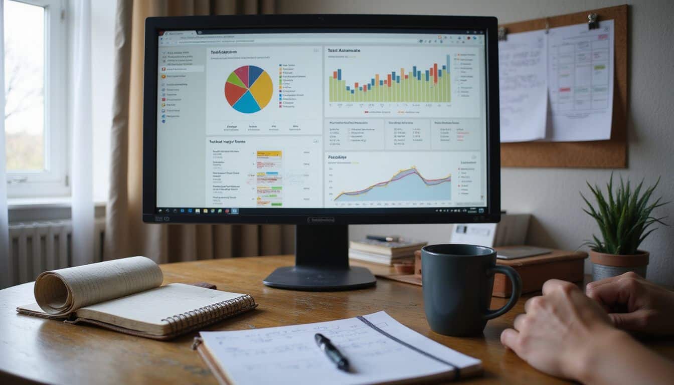 A cluttered oak desk features a sleek monitor displaying analytics, surrounded by office supplies and a planner filled with notes. A cluttered oak desk features a sleek monitor displaying analytics, surrounded by office supplies and a planner filled with notes.