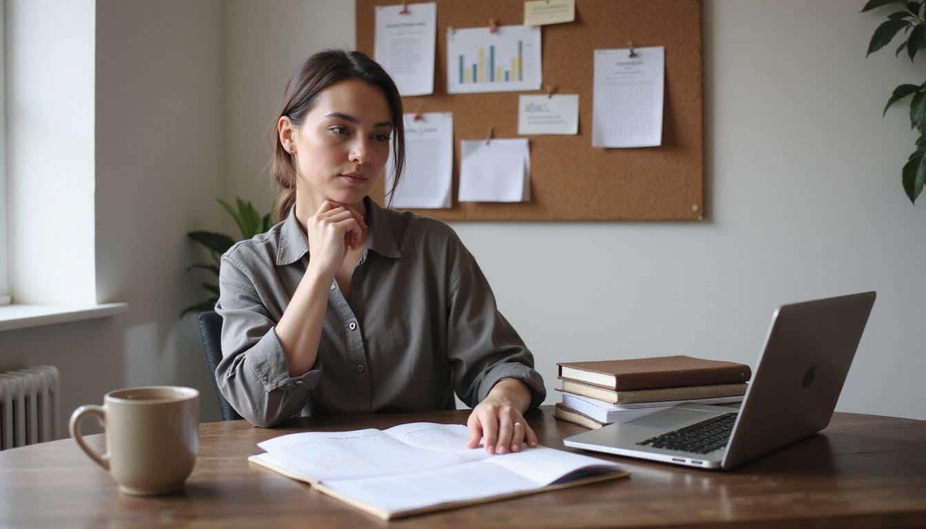 A woman in a gray blouse concentrates on her calendar at a modern desk surrounded by notebooks and a laptop. A woman in a gray blouse concentrates on her calendar at a modern desk surrounded by notebooks and a laptop.