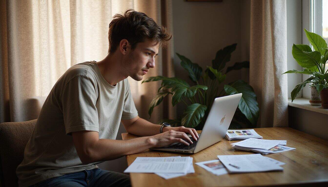 A young adult focuses intently on a laptop at a cluttered wooden desk in a cozy home office. A young adult focuses intently on a laptop at a cluttered wooden desk in a cozy home office.