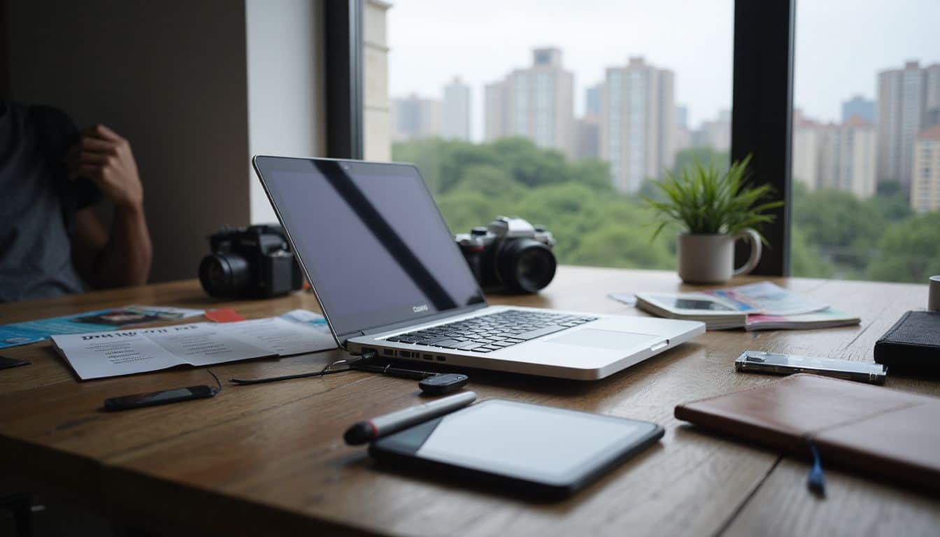 A cluttered wooden desk features a laptop, graphic tablet, camera, notebook, and marketing materials, reflecting a creative workspace. A cluttered wooden desk features a laptop, graphic tablet, camera, notebook, and marketing materials, reflecting a creative workspace.