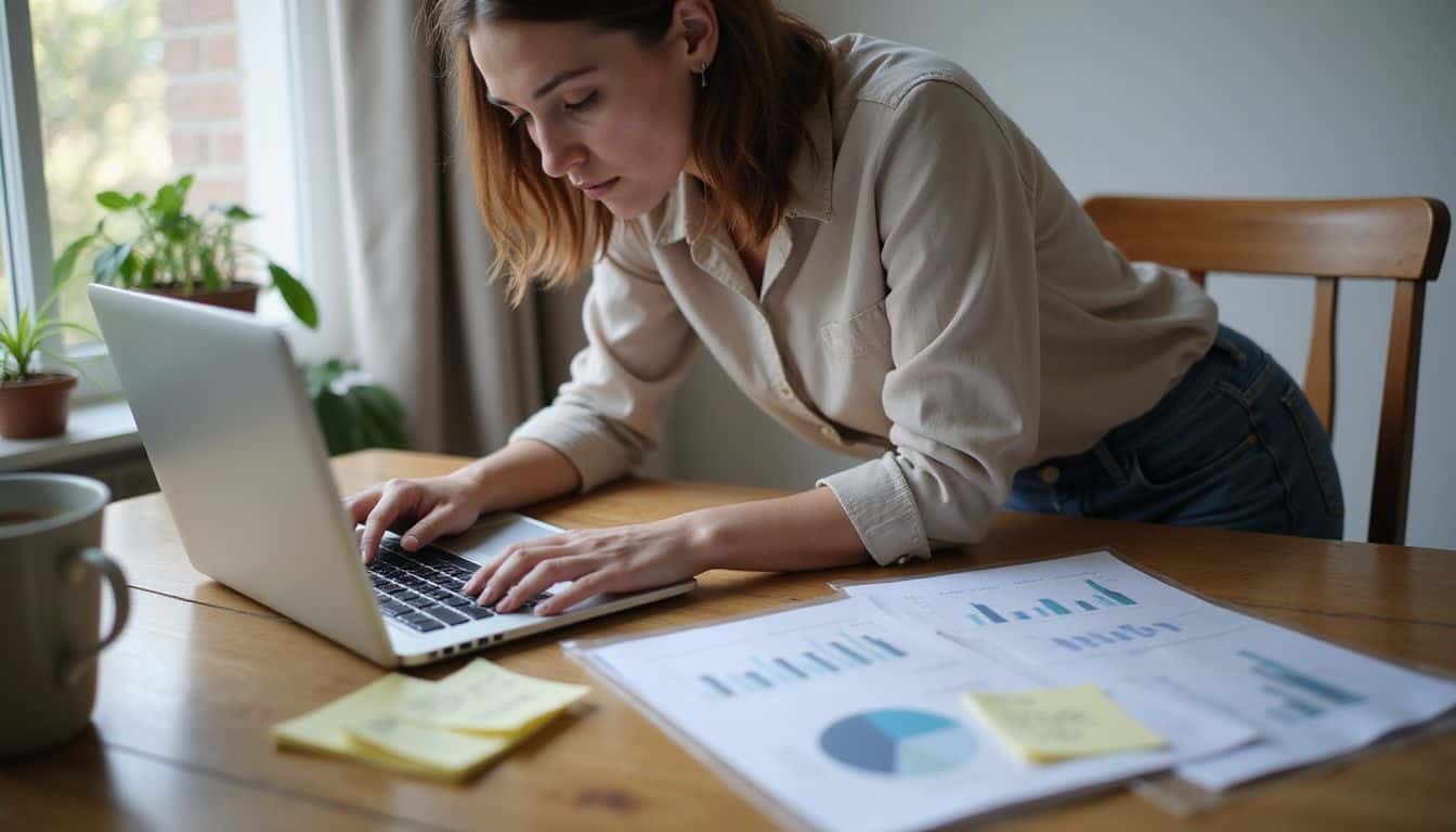 A woman in her 30s works intently at a desk filled with papers, notes, and a coffee mug. A woman in her 30s works intently at a desk filled with papers, notes, and a coffee mug.