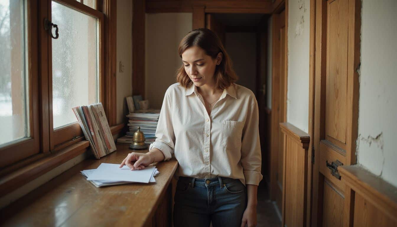 A thoughtful woman stands at a reception desk in a cozy, inviting boutique hotel hallway. A thoughtful woman stands at a reception desk in a cozy, inviting boutique hotel hallway.