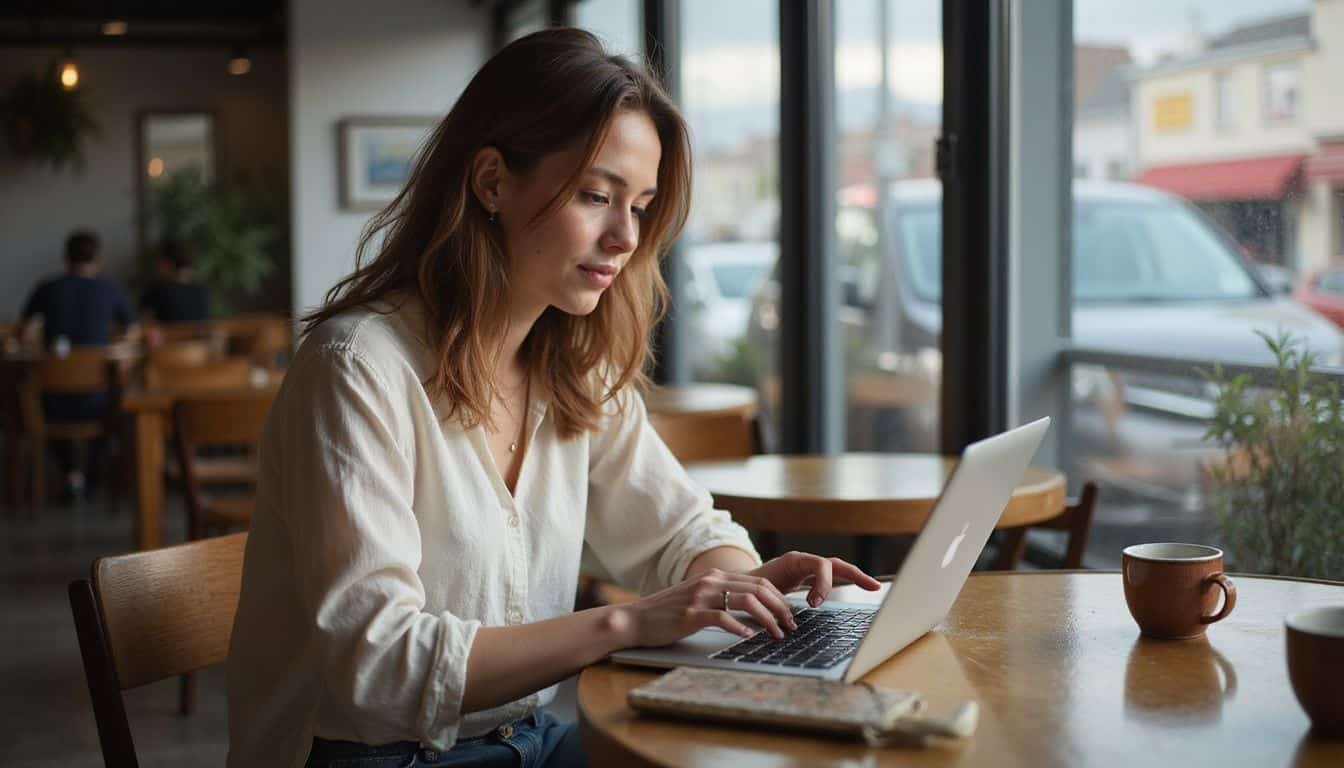 A woman in a cafe focuses on her laptop, preparing to complete an online travel booking. A woman in a cafe focuses on her laptop, preparing to complete an online travel booking.