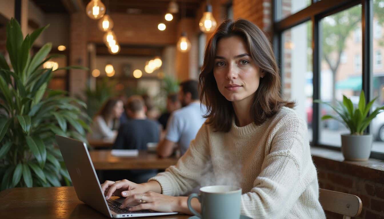 A woman in a casual sweater focuses on her laptop while enjoying coffee in a cozy coffee shop. A woman in a casual sweater focuses on her laptop while enjoying coffee in a cozy coffee shop.