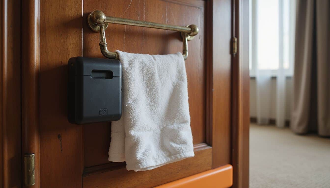 A hotel room door features a wooden finish, a portable lock, a towel, and a bright orange doorstop. A hotel room door features a wooden finish, a portable lock, a towel, and a bright orange doorstop.