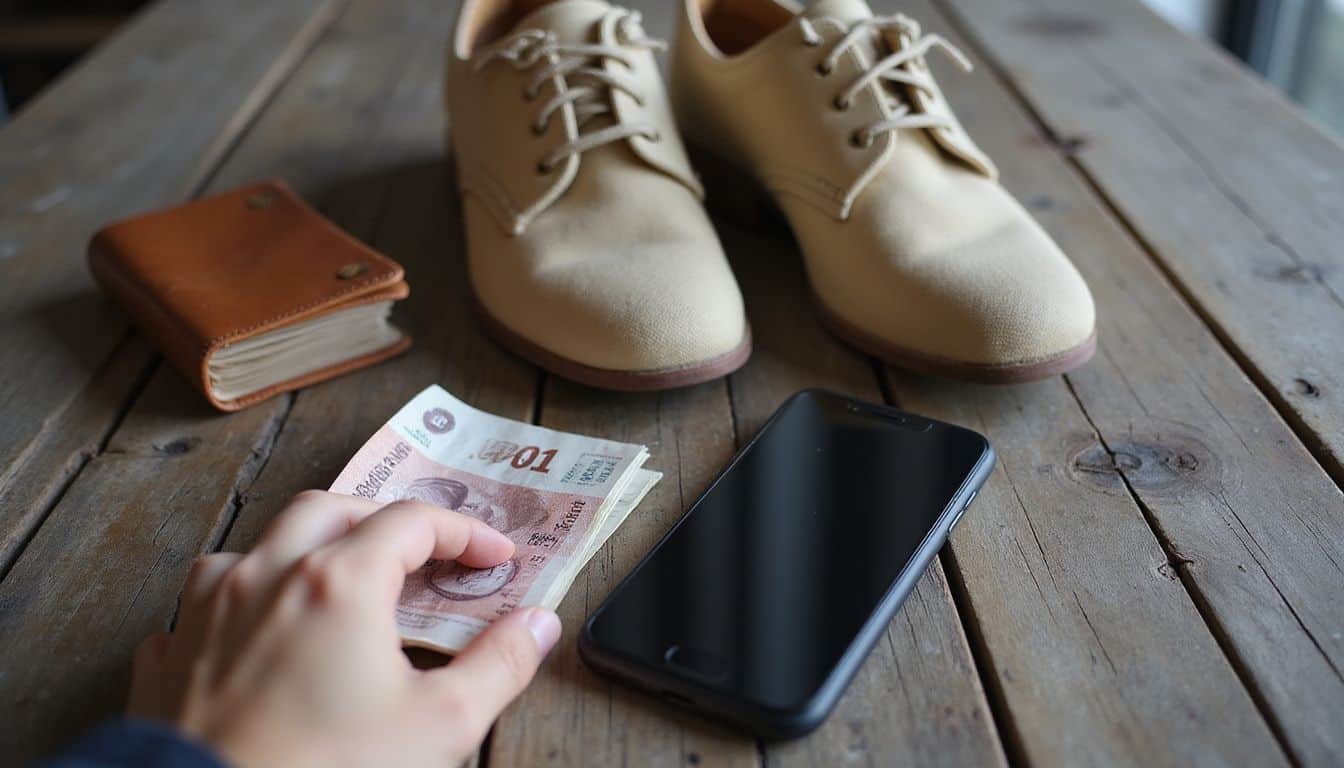 A pair of worn canvas shoes, foreign banknotes, and a phrasebook suggest quiet travel preparation. A pair of worn canvas shoes, foreign banknotes, and a phrasebook suggest quiet travel preparation.