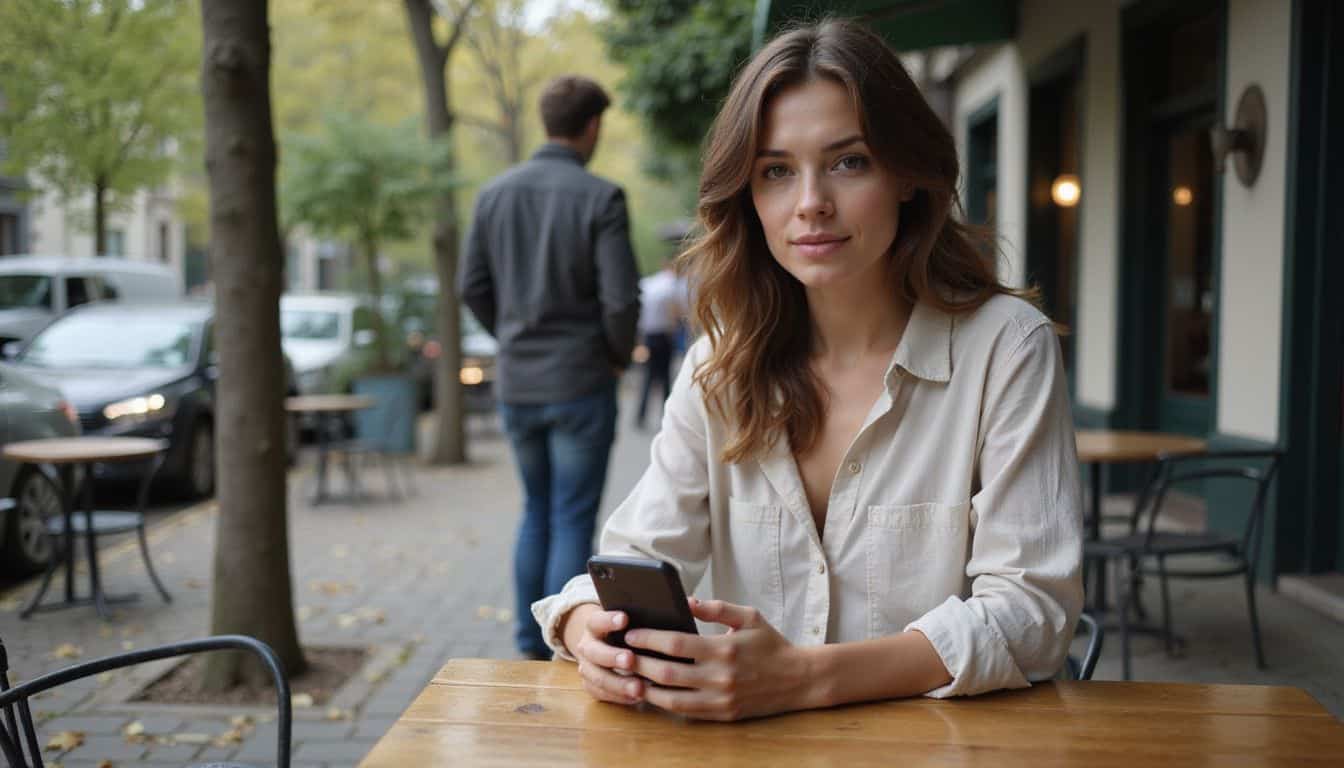 A woman in casual attire sits at an outdoor café, focused on her smartphone amidst a serene setting. A woman in casual attire sits at an outdoor café, focused on her smartphone amidst a serene setting.