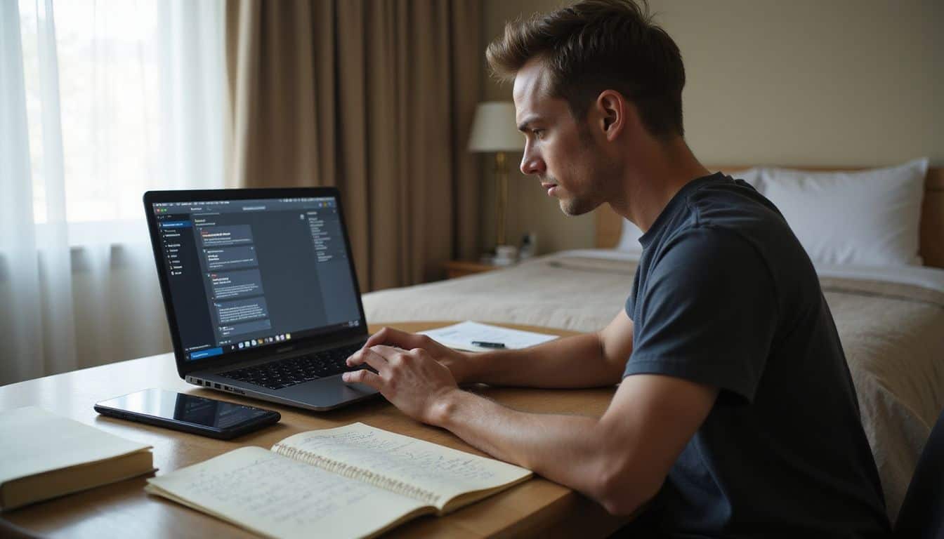 A focused individual works at a tidy hotel desk, surrounded by technology and handwritten notes related to encryption. A focused individual works at a tidy hotel desk, surrounded by technology and handwritten notes related to encryption.