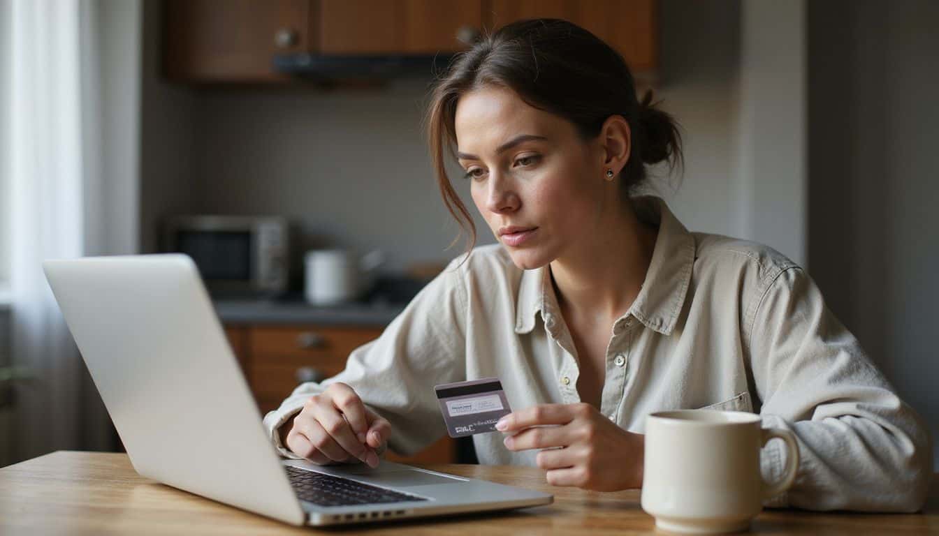 A woman in her 30s sits at a kitchen table, focused on her laptop while holding a prepaid debit card. A woman in her 30s sits at a kitchen table, focused on her laptop while holding a prepaid debit card.