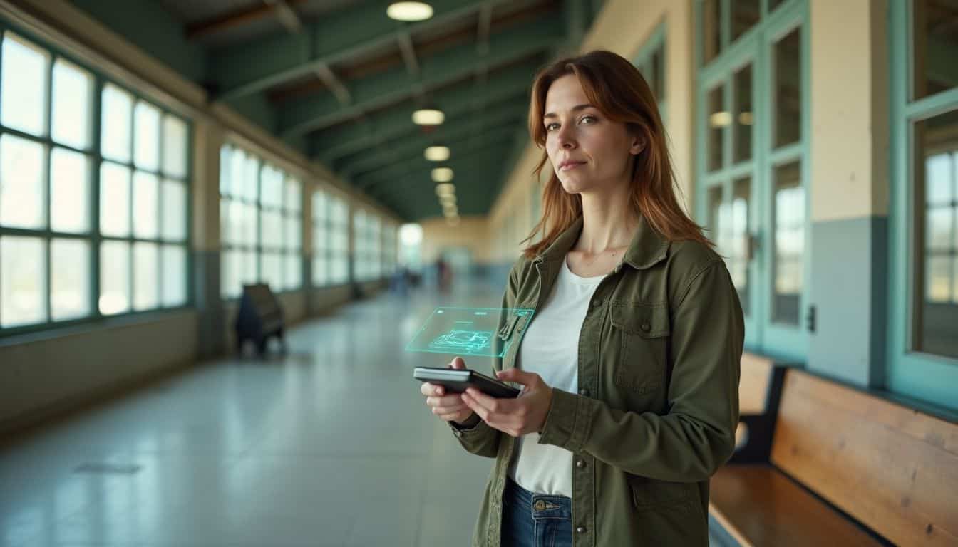 A woman in her late 30s stands in an airport terminal, holding a handheld device projecting a digital map. A woman in her late 30s stands in an airport terminal, holding a handheld device projecting a digital map.