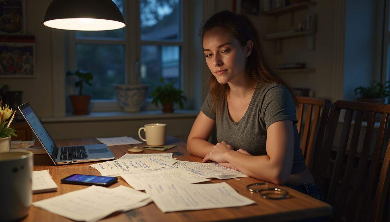 A woman plan a trip at a cluttered kitchen table, surrounded by travel materials, laptops, and a smartphone. A woman plan a trip at a cluttered kitchen table, surrounded by travel materials, laptops, and a smartphone.