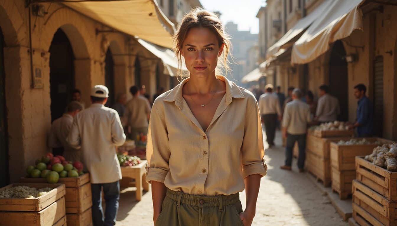 A woman navigates a bustling outdoor marketplace, wearing a casual outfit and showing a neutral but tense expression. A woman navigates a bustling outdoor marketplace, wearing a casual outfit and showing a neutral but tense expression.