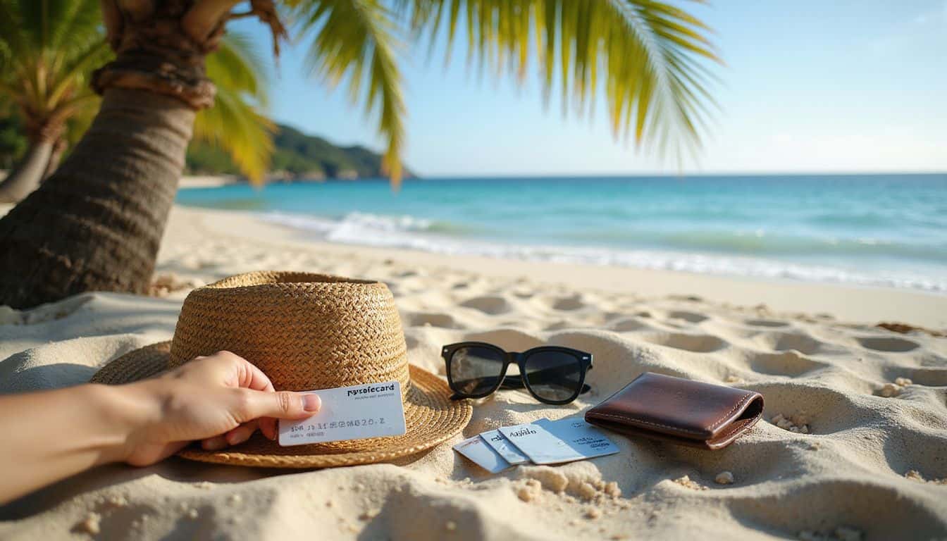 A peaceful beach scene features a sun hat, sunglasses, and various cards nestled in the sand beneath a palm tree. A peaceful beach scene features a sun hat, sunglasses, and various cards nestled in the sand beneath a palm tree.