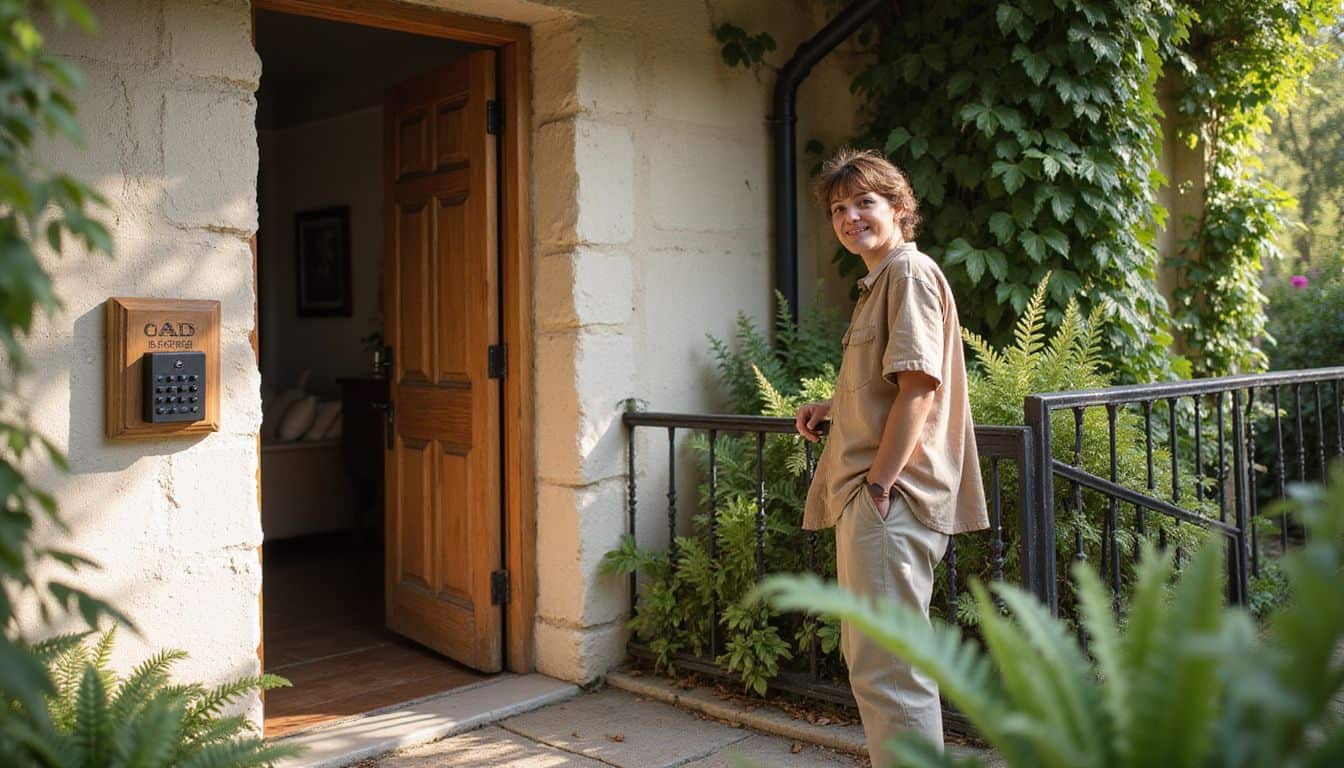 A boutique guesthouse entrance features an oak door, keypad lock, a cash payment sign, and lush greenery surrounding it. A boutique guesthouse entrance features an oak door, keypad lock, a cash payment sign, and lush greenery surrounding it.
