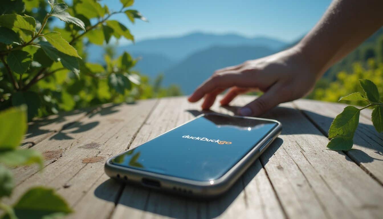A sleek smartphone displaying the DuckDuckGo logo rests on a weathered wooden table surrounded by vibrant green foliage. A sleek smartphone displaying the DuckDuckGo logo rests on a weathered wooden table surrounded by vibrant green foliage.