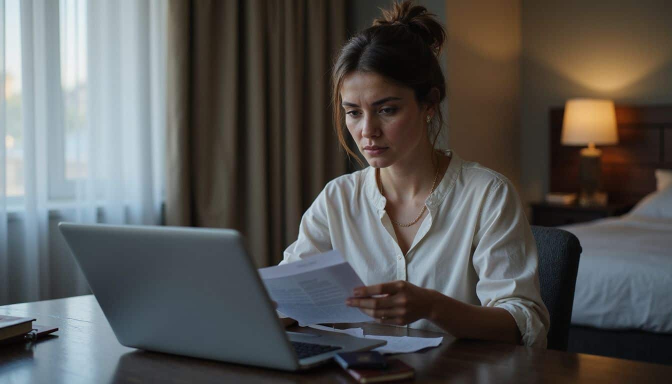 A woman in her 30s anxiously sorts through passports and documents at a hotel desk, displaying visible worry. A woman in her 30s anxiously sorts through passports and documents at a hotel desk, displaying visible worry.
