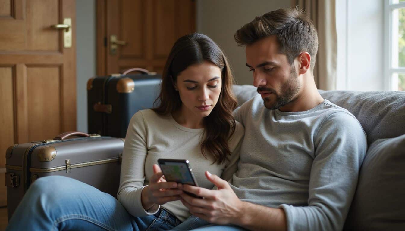A couple looks concerned while planning their trip on smartphones, with luggage nearby in a cozy living room. A couple looks concerned while planning their trip on smartphones, with luggage nearby in a cozy living room.