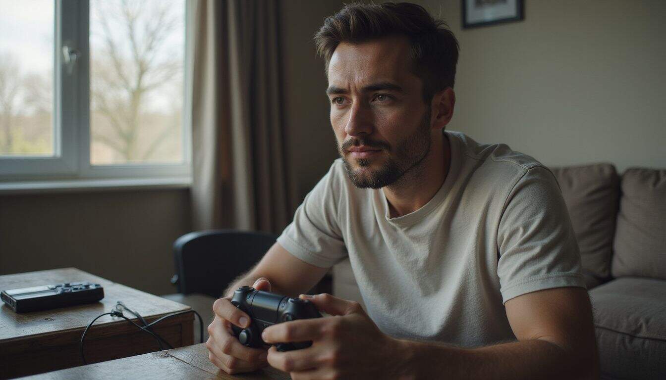 A focused young man sits intently playing a video game with a controller in a cozy, modest room. A focused young man sits intently playing a video game with a controller in a cozy, modest room.