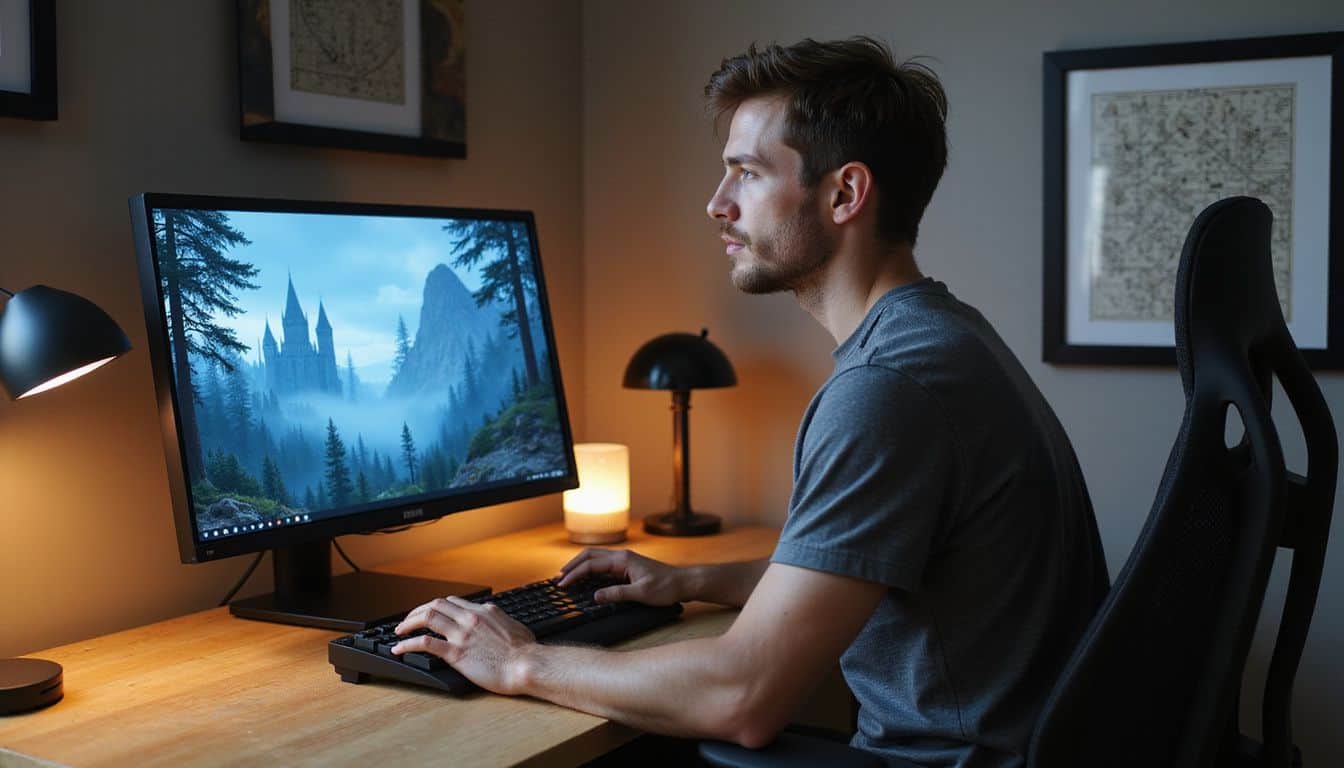 A focused man in a gray t-shirt plays a game at a sleek wooden desk with a mechanical keyboard. A focused man in a gray t-shirt plays a game at a sleek wooden desk with a mechanical keyboard.