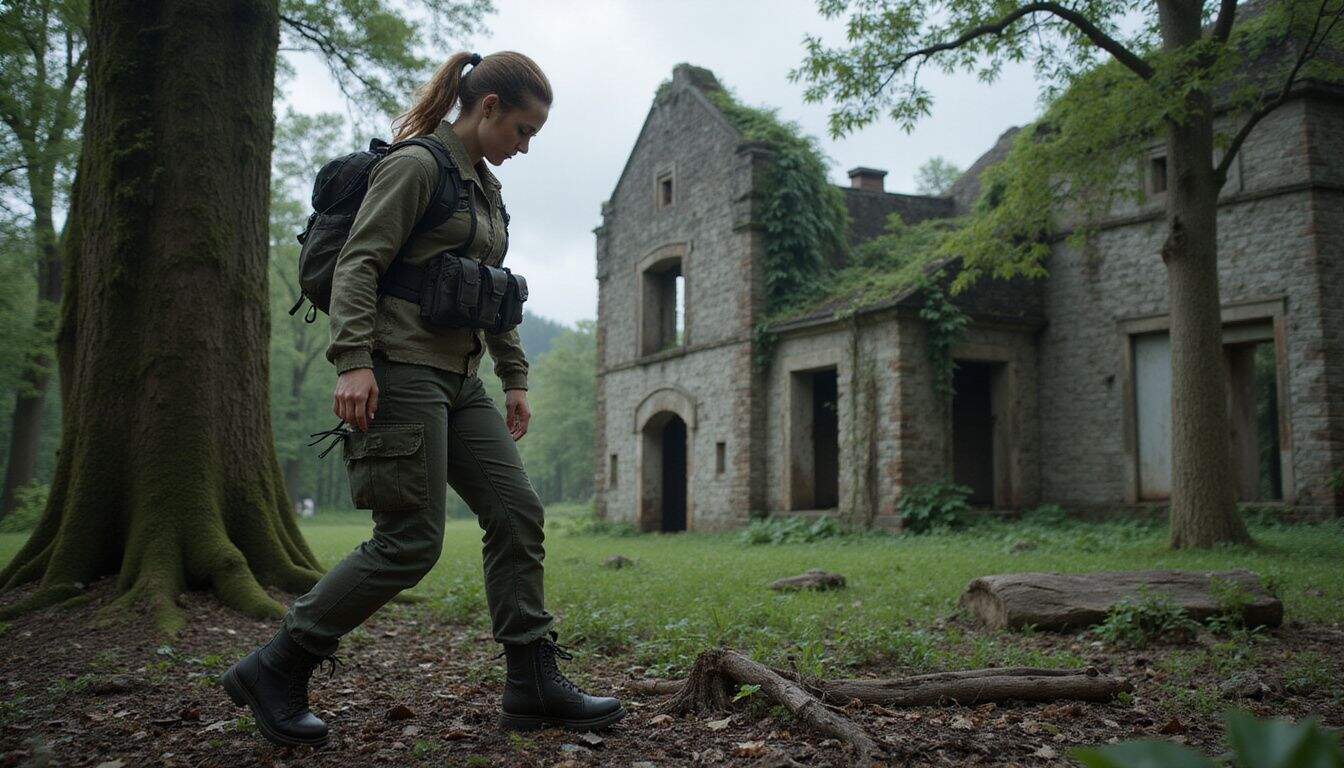 A determined woman in tactical gear navigates overgrown ruins in a humid forest, embodying confidence and cautious alertness. A determined woman in tactical gear navigates overgrown ruins in a humid forest, embodying confidence and cautious alertness.