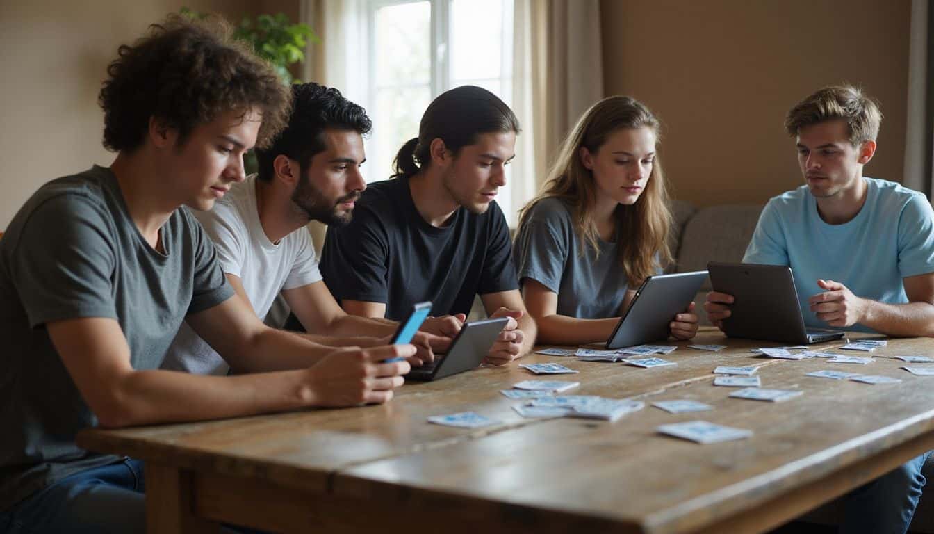 A group of five friends engages around a wooden table, focused on printed cards and devices in an intimate setting. A group of five friends engages around a wooden table, focused on printed cards and devices in an intimate setting.