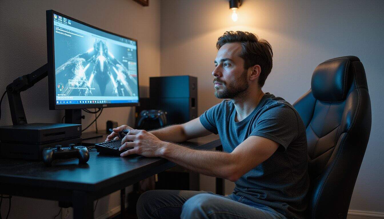 A young man focused on gaming sits at a cluttered desk with multiple monitors and consoles around him. A young man focused on gaming sits at a cluttered desk with multiple monitors and consoles around him.