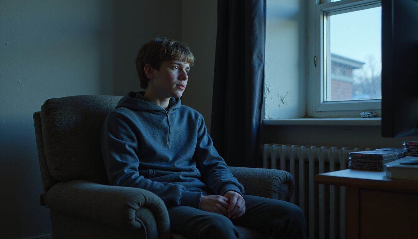 A teenage boy sits focused on a horror video game in a cozy, cluttered room. A teenage boy sits focused on a horror video game in a cozy, cluttered room.