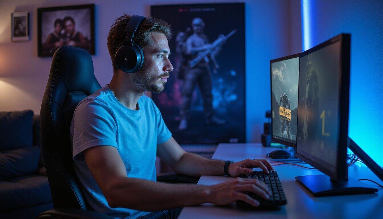 A young man is engaged in gaming at a high-performance PC setup, surrounded by gaming posters and a cozy atmosphere. A young man is engaged in gaming at a high-performance PC setup, surrounded by gaming posters and a cozy atmosphere.