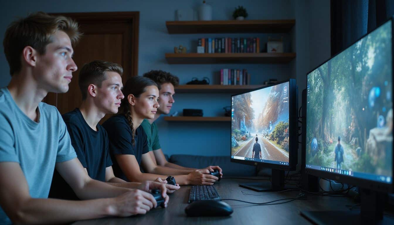 Five young adults are engaged in collaborative gaming around a modern setup, displaying focused expressions and varied postures. Five young adults are engaged in collaborative gaming around a modern setup, displaying focused expressions and varied postures.