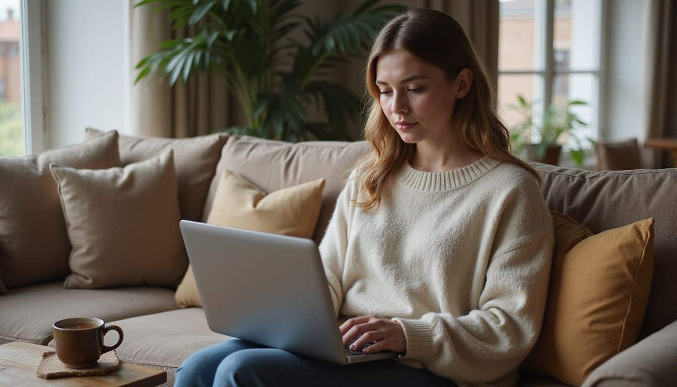 A young woman sits comfortably on a couch, focused on her laptop with a cup of tea nearby. A young woman sits comfortably on a couch, focused on her laptop with a cup of tea nearby.