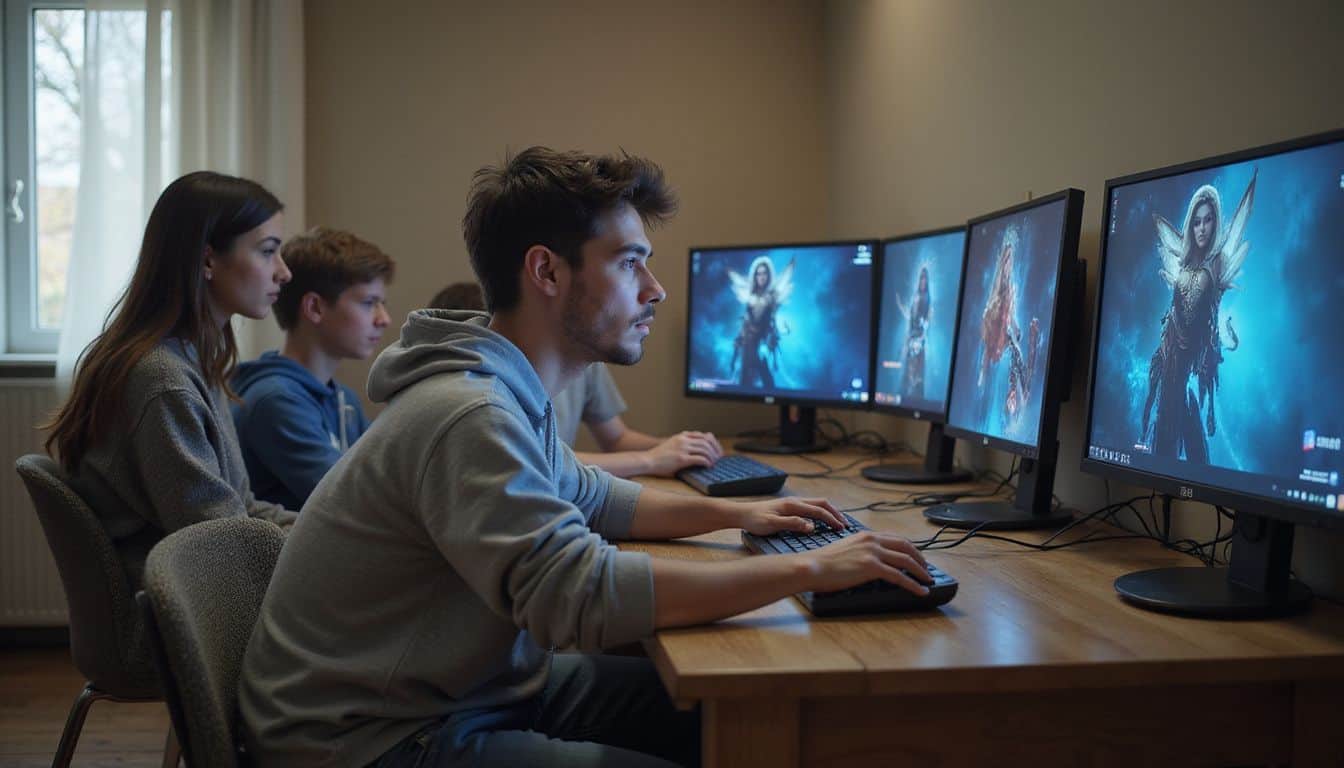 A group of five young adults intensely engages in a multiplayer game around a wooden table. A group of five young adults intensely engages in a multiplayer game around a wooden table.