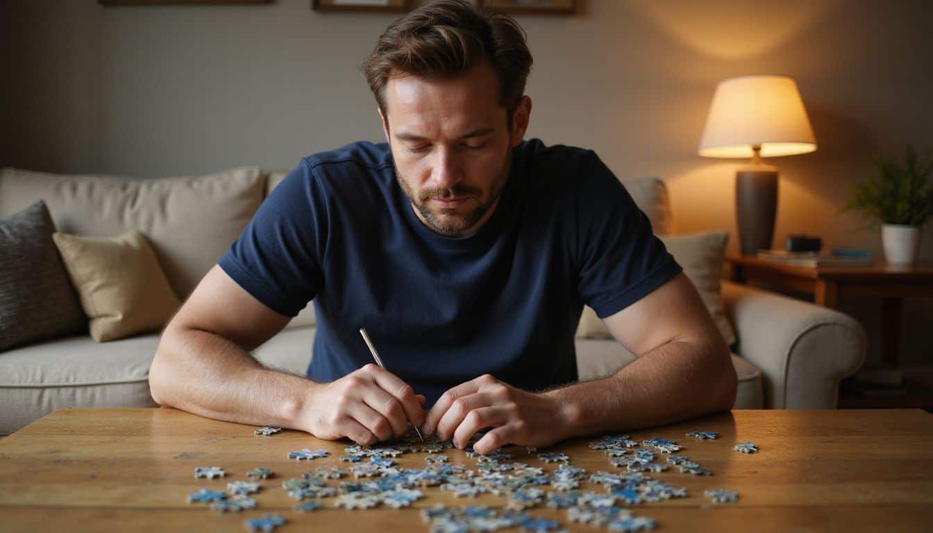 A man in his mid-30s is intently working on a jigsaw puzzle at a wooden table in a cozy living room. A man in his mid-30s is intently working on a jigsaw puzzle at a wooden table in a cozy living room.