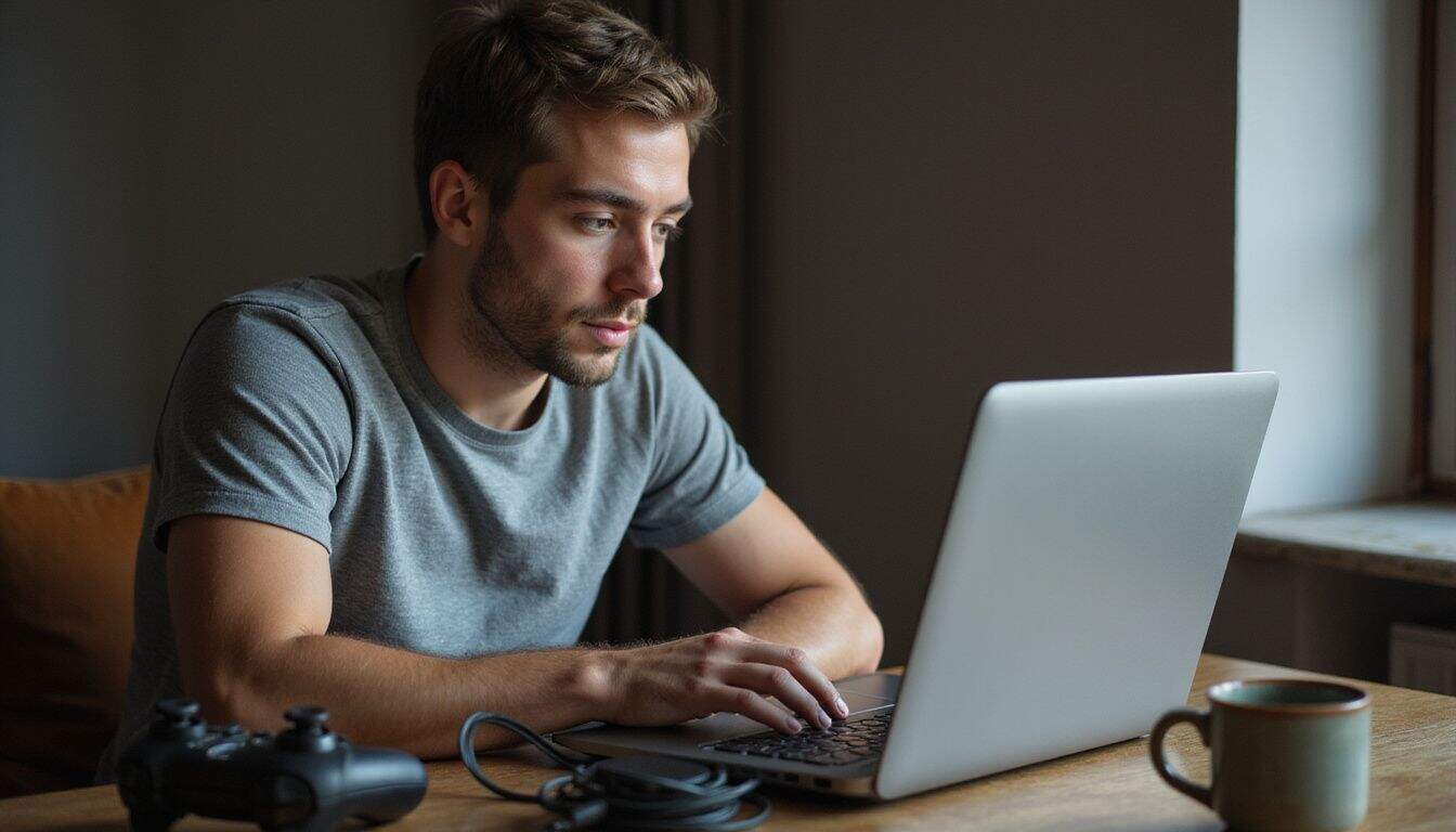 A young man is focused on his laptop at a desk cluttered with gaming accessories and a coffee mug. A young man is focused on his laptop at a desk cluttered with gaming accessories and a coffee mug.