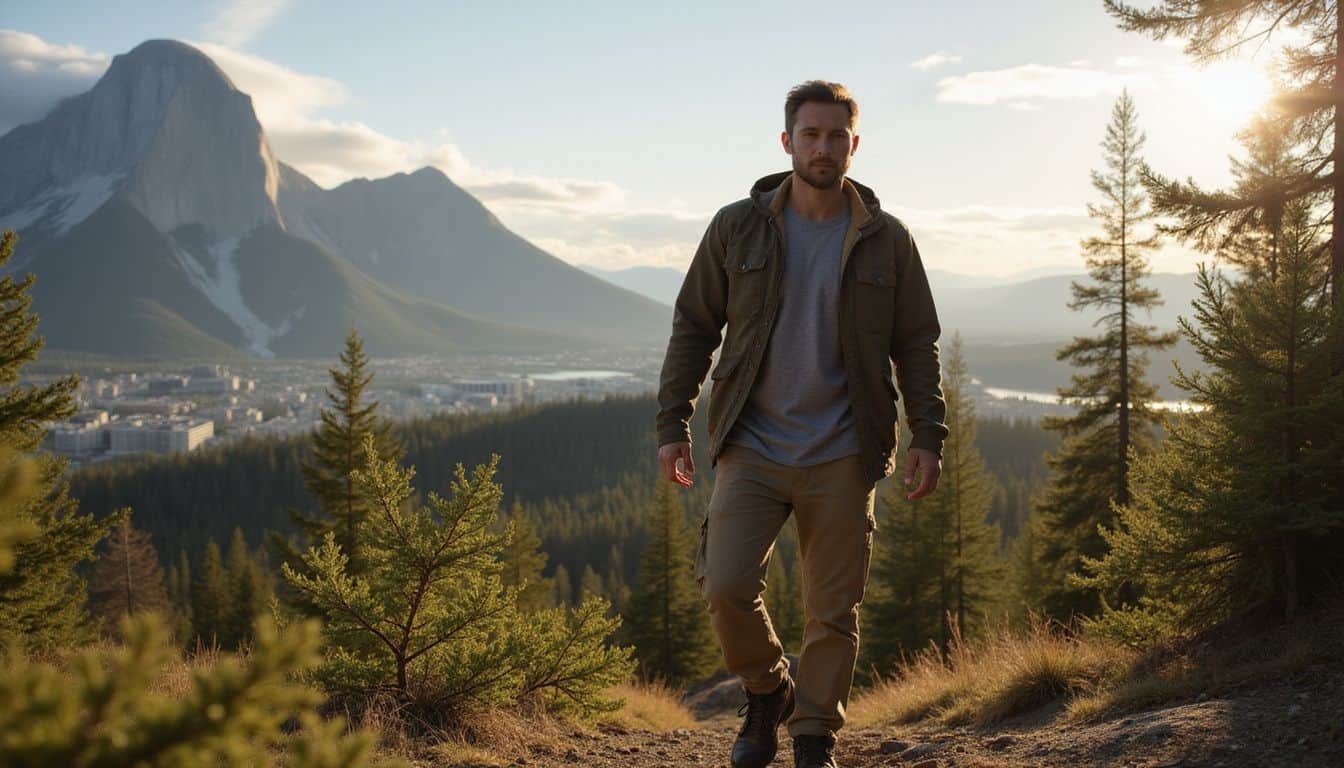 A young man walks through a natural landscape, navigating terrain with towering mountains and a distant urban skyline behind him. A young man walks through a natural landscape, navigating terrain with towering mountains and a distant urban skyline behind him.
