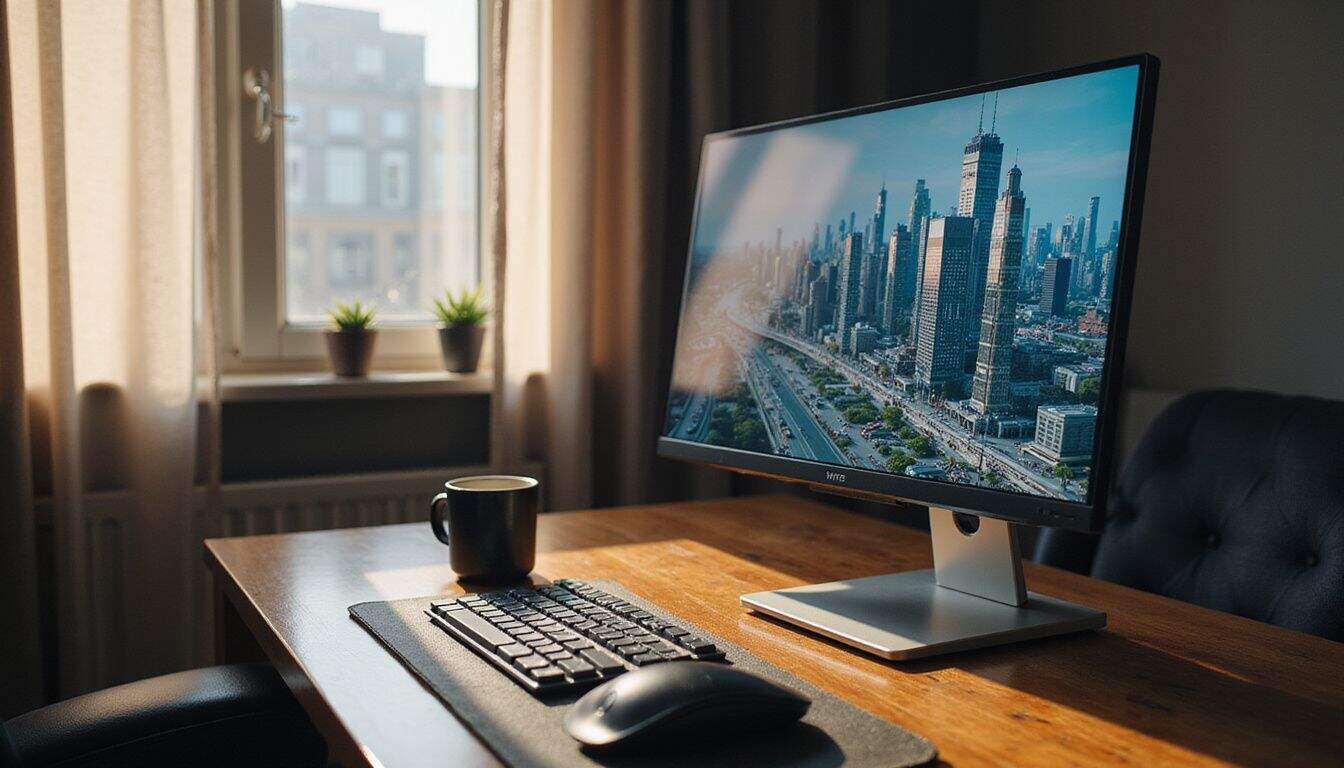 A sleek desktop computer displays a detailed city-building simulation game on a polished wooden desk in a tranquil room. A sleek desktop computer displays a detailed city-building simulation game on a polished wooden desk in a tranquil room.