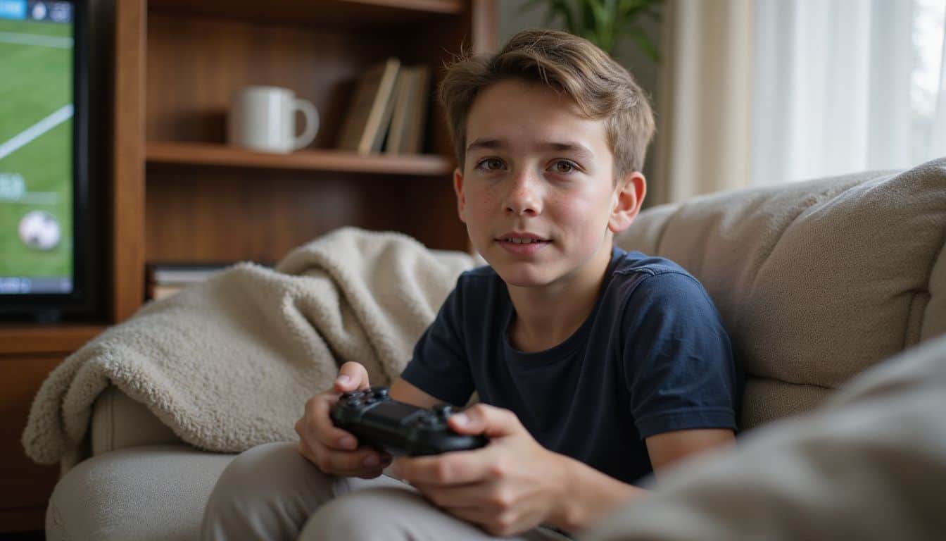 A teenage boy enthusiastically plays a video game on a console while seated on a cozy sofa in his living room. A teenage boy enthusiastically plays a video game on a console while seated on a cozy sofa in his living room.