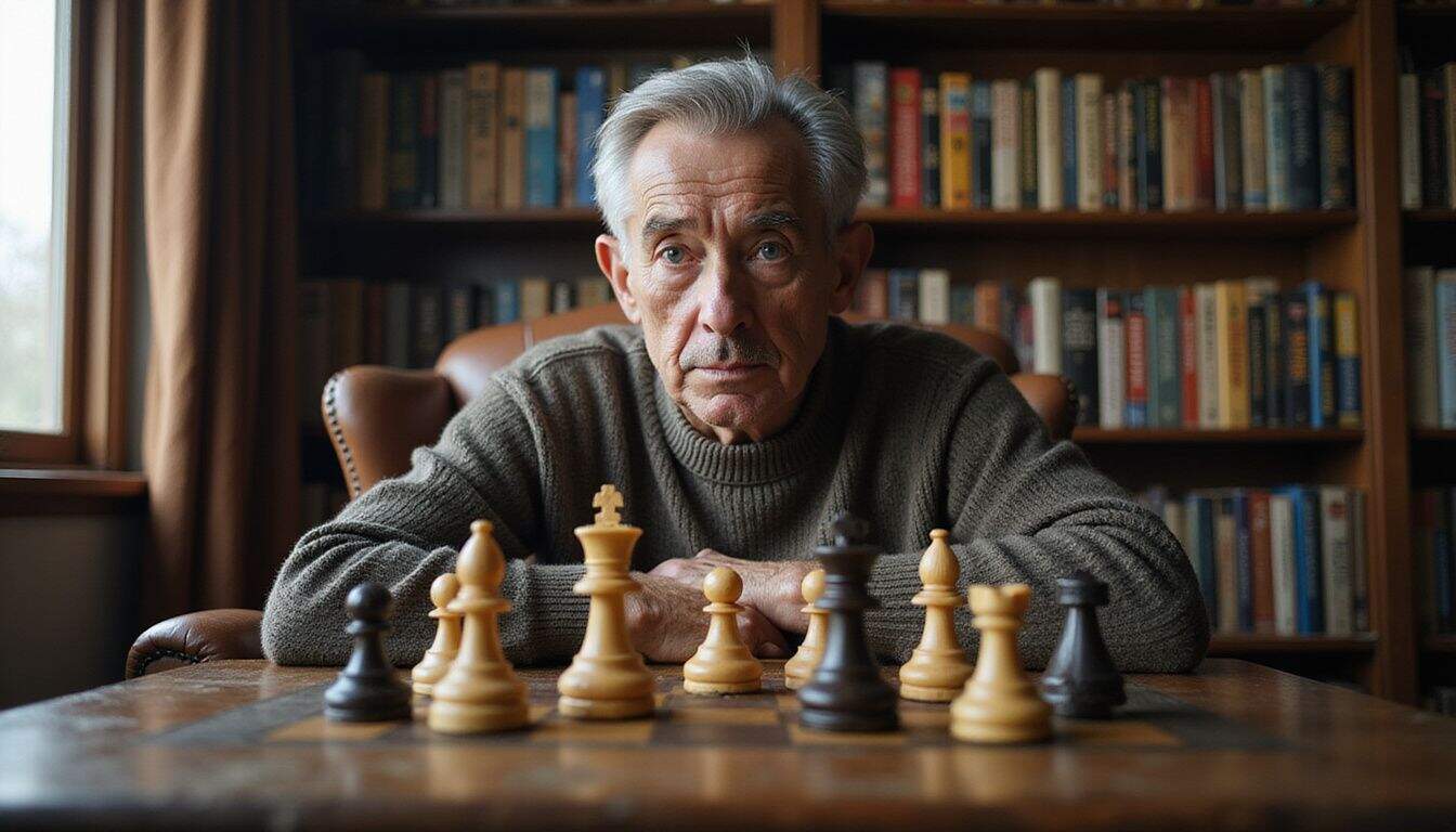 An elderly man intently plays chess, surrounded by strategy game boxes in a cozy, well-worn study. An elderly man intently plays chess, surrounded by strategy game boxes in a cozy, well-worn study.