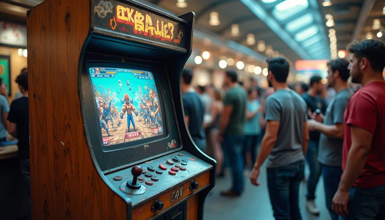 A vintage arcade cabinet showcases a classic beat 'em up game with players engaged in a lively atmosphere. A vintage arcade cabinet showcases a classic beat 'em up game with players engaged in a lively atmosphere.