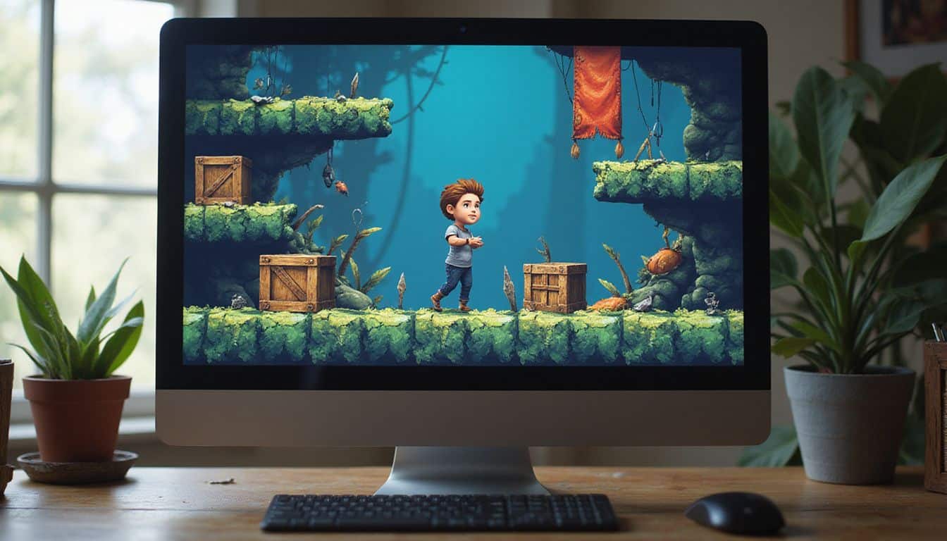 A retro-style platformer game features pixel art with detailed textures and a focused character navigating intricate obstacles. A retro-style platformer game features pixel art with detailed textures and a focused character navigating intricate obstacles.
